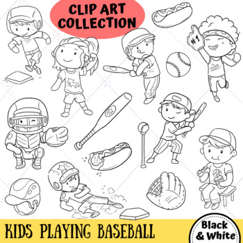kids playing sports clipart black and white