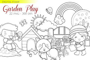Preview of Kids Playing Garden Dog Cat Summer Flowers - Black White Outline - Digital Stamp
