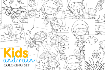 Preview of Kids Playing Rain in Rainy Day with Frog Garden Pond - Kids & Adult Coloring A4