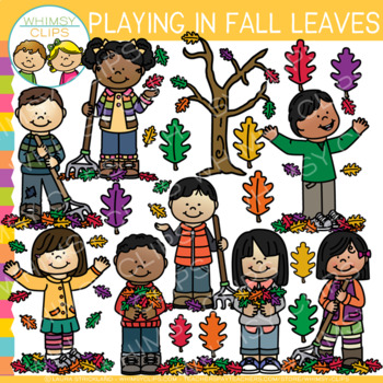 Preview of Kids Playing in Fall Leaves Clip Art - Outdoor Fall Activities Clip Art