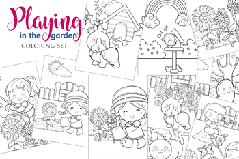 Preview of Kids Playing with Dog and Bird in The Garden Flowers -Kids & Adult Coloring A4