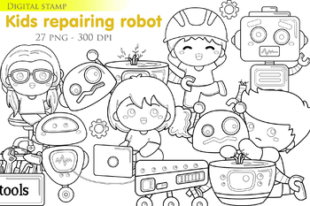 Preview of Kids Repairing Broken Robot Science Robotic -Black White Outline - Digital Stamp