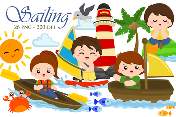 Preview of Kids Sailing Boat Water Sport Activity -Cute Cartoon Vector Clipart Illustration
