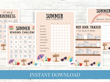 Preview of Kids Summer Checklist Activities Bundle Printable - Coral Beach Banner