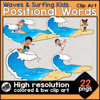 Preview of Kids Surfing Waves Positional Words Preposition Of Place Summer Clip Art