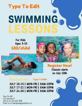 Preview of Kids Swimming Lessons Class Flyers (4) Fully Customize your Flyer Ready to Edit!