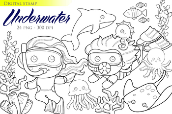 Preview of Kids Underwater Diving and Snorkling Sea - Black White Outline-Digital Stamp