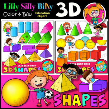 Preview of Kids and 3D Shapes - Clipart in Full color and Black/ white stamps.
