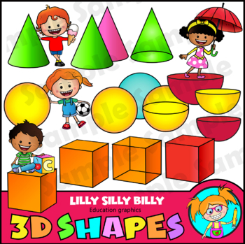 Kids and 3D Shapes - Clipart in Full color and Black/ white stamps.