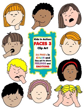 Preview of Kids in Action: Faces 3 Clip Art 36 pngs to Show Feelings and Emotions