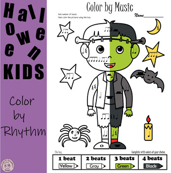 Preview of Kids in Halloween Costumes Color by Rhythm | Music Math Worksheets