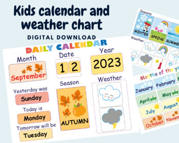 Preview of Kids morning board, Daily Calendar and weather chart for classroom 2024