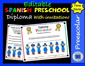 Preview of Spanish Preschool Diploma with Invitation - Editable - Kids on Books Theme