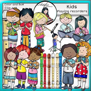 Preview of Kids playing recorders -clip art- Color and B&W