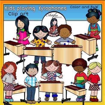 Preview of Kids playing  xylophones clip art -Color and B&W-