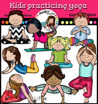 Preview of Kids practicing yoga clip art. Color and B&W
