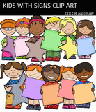 Kids with signs clip art - Color and black/white