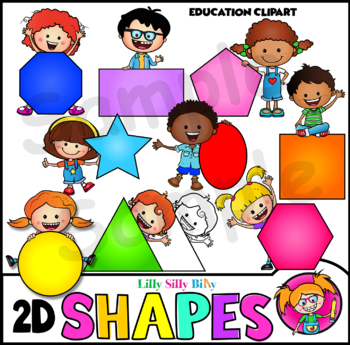 Preview of Kids with 2D Shapes - Clipart in Full color and Black/ white stamps.