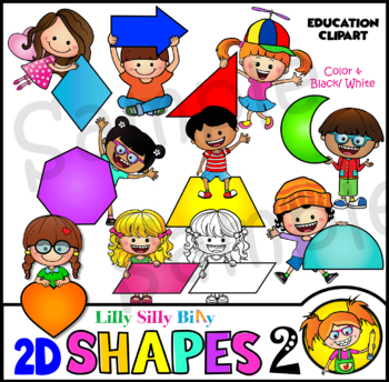 Preview of Kids with 2D Shapes (version 2) - Clipart in Full color and Black/ white stamps.