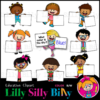 Preview of Kids with Q & A Placards - B/W & Color clipart illustration {Lilly Silly Billy}