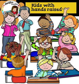 Preview of Kids with hands raised clip Art -Color and B&W-