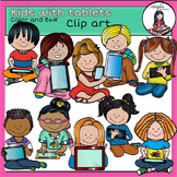 Kids with tablets clip art- color and B&W