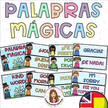 Preview of Kind Words. Palabras mágicas. Social skill. Word Wall Cards. Spanish. English