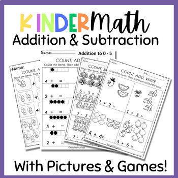 Preview of Kinder Math Addition & Subtraction with Pictures worksheets!