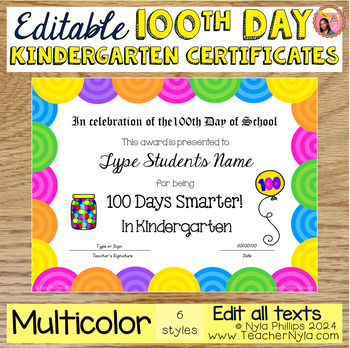 Preview of Kindergarten 100th Day Certificates Editable | Bright Multicolor