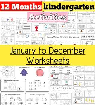 Preview of Kindergarten 12 Months Of MATH & LITERACY Activities | 90+ PDF & 400+ Worksheets