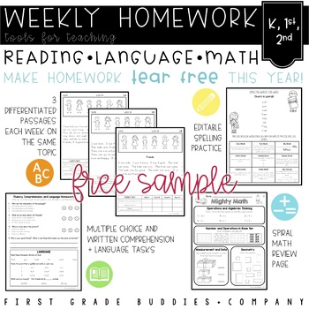 Preview of Kindergarten, 1st Grade, 2nd Grade Weekly Homework Sample