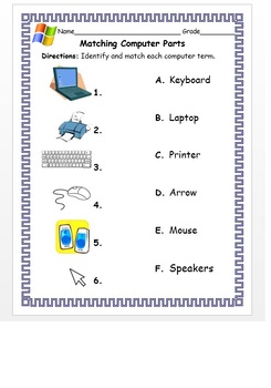 Preview of Kindergarten & 1st Grade Matching Computer Parts With The Correct Term