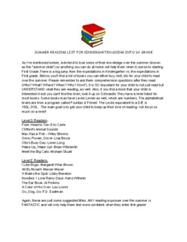 Preview of Kindergarten- 1st Grade Suggested Summer Reading List