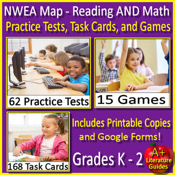 Preview of Kindergarten 1st 2nd Grade NWEA Map Math and Reading Practice Tests Games Cards