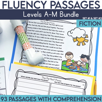 Preview of Kindergarten-2nd Grade Reading Fluency Passages Bundle | Level A-M Set 1, Set 2