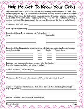 Kindergarten - 3rd Grade Back to School Parent Interview Packet & Info ...