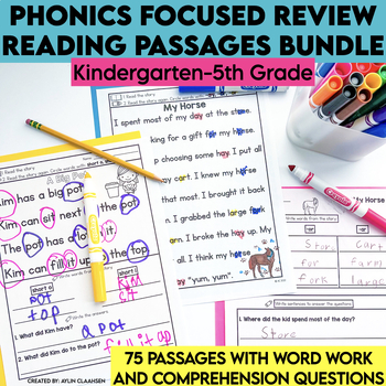 Preview of Kindergarten-5th Grade Phonics Review Reading Comprehension Passages Bundle