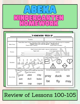 Preview of Kindergarten Abeka Homework- Review of Lessons 100-105