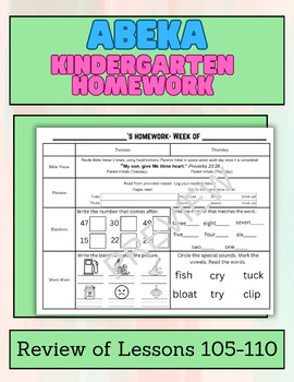 Preview of Kindergarten Abeka Homework- Review of Lessons 105-110