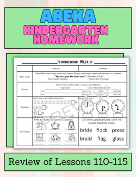 Preview of Kindergarten Abeka Homework- Review of Lessons 110-115