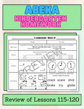 Preview of Kindergarten Abeka Homework- Review of Lessons 115-120