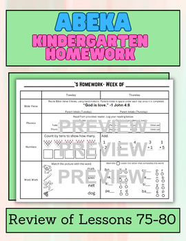 Preview of Kindergarten Abeka Homework- Review of Lessons 75-80