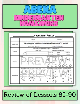 Preview of Kindergarten Abeka Homework- Review of Lessons 85-90