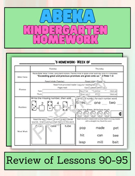 Preview of Kindergarten Abeka Homework- Review of Lessons 90-95