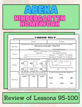 Preview of Kindergarten Abeka Homework- Review of Lessons 95-100