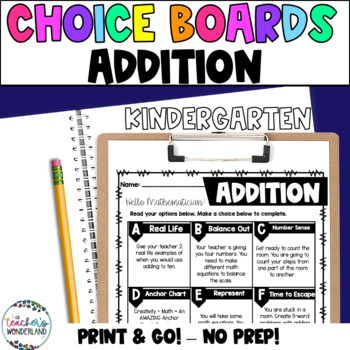 Preview of Kindergarten- Addition Math Menus - Choice Boards and Activities