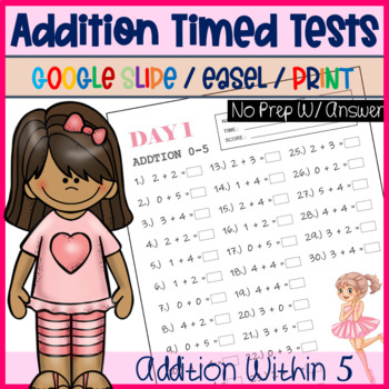 Preview of Kindergarten Addition Timed Tests - Daily Math Fact Fluency Practice Within 5_V1