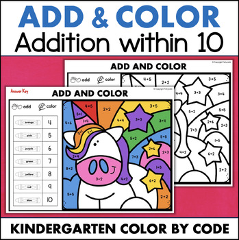 Preview of Color by Addition Kindergarten Math Adding within 10 Worksheets Sums to Ten