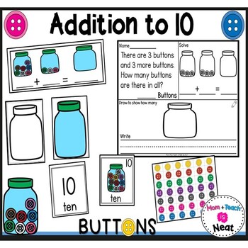 Preview of Addition to 10 Word Problems Kindergarten Math Centers (Button Theme)