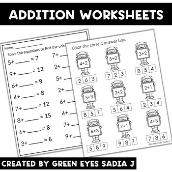 Kindergarten Addition Worksheets by Green Eyes - Sadia J | TPT